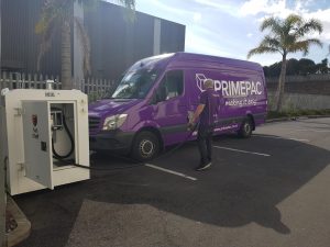 Primepac purple van being filled by Fuelchief DC Series diesel fuel tank
